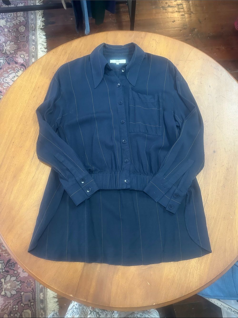 Tibi XS Navy Pinstripe Button-Down Shirt with built in belt Designer
